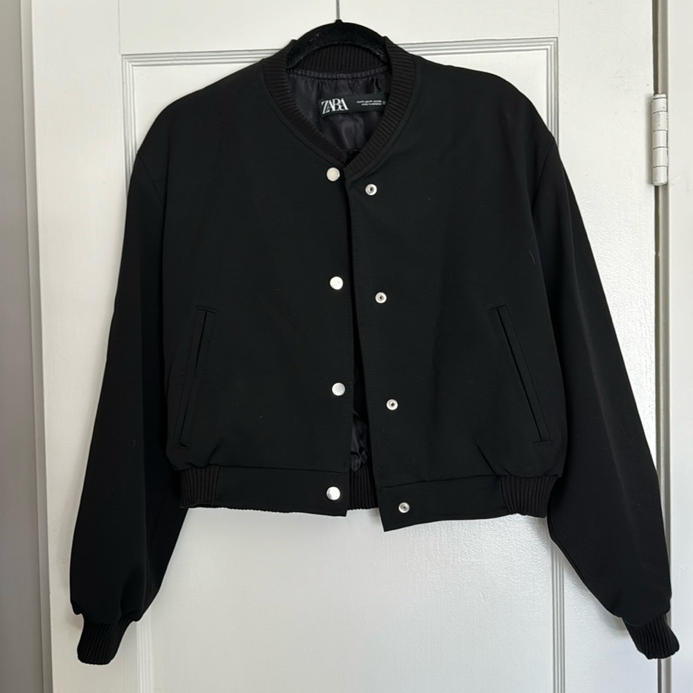 Zara Cropped Black Bomber Jacket